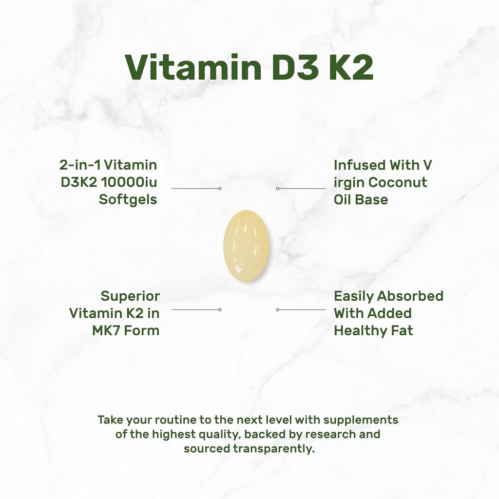 D3 & K2 MK-7 Synergy Complex | Supports Immune, Bone & Dental Health | 250 Easy-Swallow Softgels with Coconut Oil