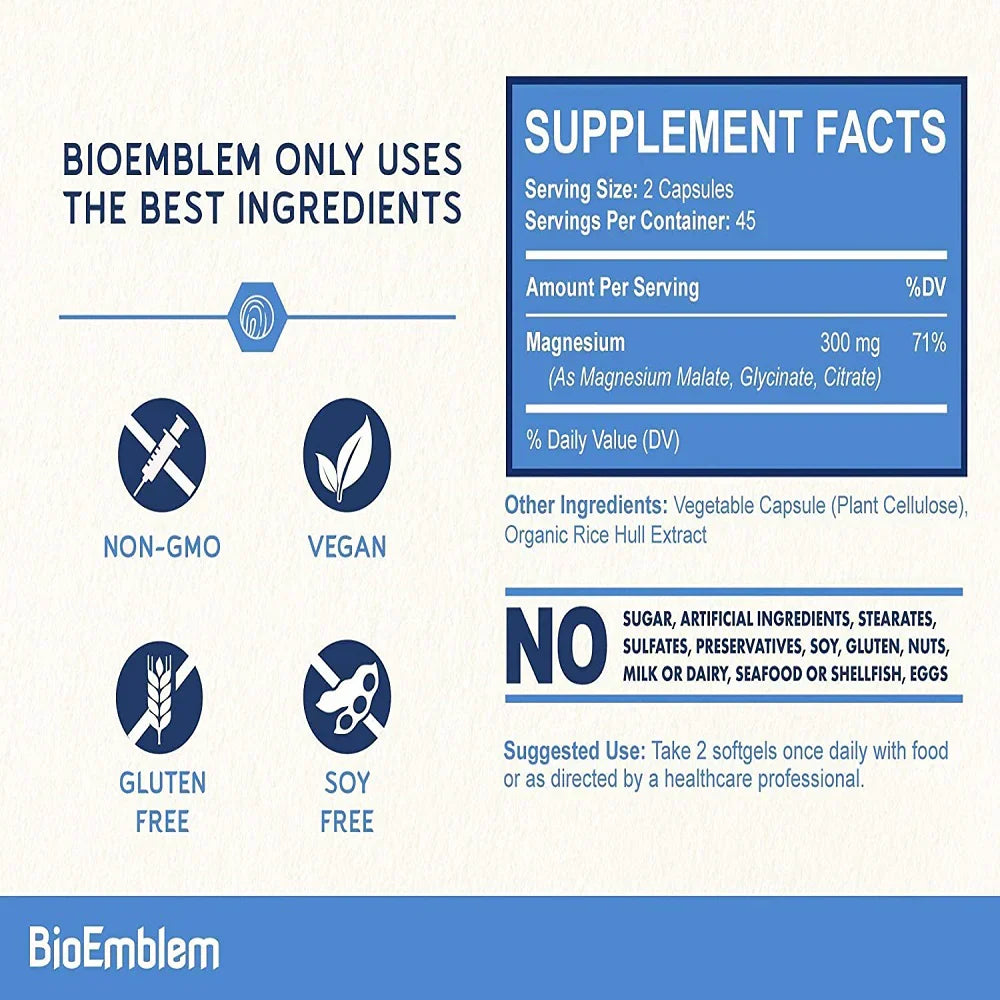 Triple Magnesium Complex 300mg|High Absorption Chelated Formula | Vegan, Non-GMO, Gluten-Free | 90 Capsules